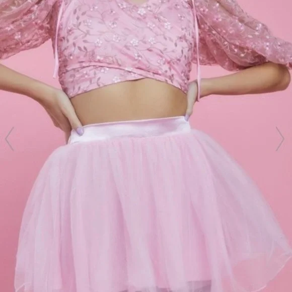 NWT Sugar Thrillz/Dolls Kill pink puff sleeves embroidered floral crop top small - Picture 11 of 11